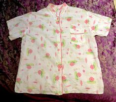 "Adorable seersucker pajama set with a Japanese lantern print. White cotton background with pinks, and greens very cute set. pink original buttons, Mandarin collar typical 40s style Asian influence pajamas. No flaws noted. Measurements TOP Bust: 41\" Shoulders: 16\" Length from back of collar to hem: 24\" BOTTOMS Waist: 30\" Rise: 17\" Hips: up to 44\" Inseam: 24\" Total length from top of waistband to hem: 38-39\" All these measurements are approximate. Please understand this set is 70 to 80 ye Cotton Background, Velvet Evening Gown, Japanese Lantern, 40s Style, Van Nuys, Floral Robes, 40s Fashion, Womens Pyjama Sets, Print Pajamas