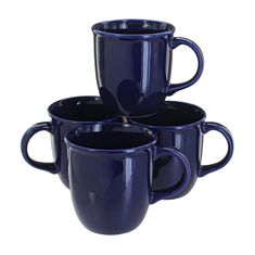 three blue coffee mugs sitting next to each other