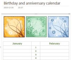 the birthday and anniversary calendar is displayed in this screenshote image, which includes four squares