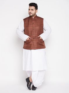 Vastramay mens plus size coffee color cotton blend jacket with white kurta and dhoti set Brown Long Sleeve Winter Sets, Brown Winter Sets With Pockets, Brown Long Sleeve Nehru Jacket For Winter, Festive Brown Long Sleeve Outerwear, Festive Brown Outerwear, Men Coffee, Festive Wedding, Jacket Fabric, White Kurta