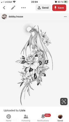 a black and white drawing of flowers on a cell phone with the text, dobby house volgen