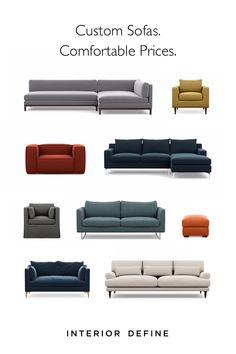 different types of couches and chairs with text that reads custom sofas comfortableable prices