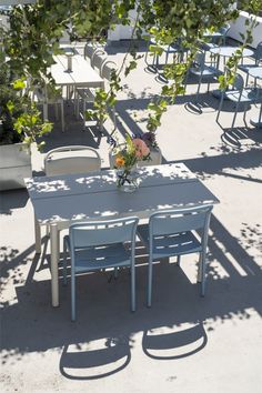 an outdoor dining table and chairs under a tree with flowers in the vase on top