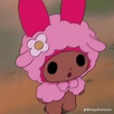 a cartoon character wearing a pink outfit with flowers on it's head and ears