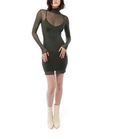 Body con fit Mini length Sheer mock neck Sheer long sleeves Spaghetti strap slip lining Fabric: SELF: 95% Polyester, 5% Spandex CONTRAST: 95% Rayon, 5% Spandex Care: Hand wash in cold. Do not bleach. Line dry. Iron low heat. Spring Party Turtleneck Mini Dress, Spring Turtleneck Mini Dress For Night Out, Stretch Turtleneck Mini Dress For Night Out, Fitted Mini Dress For Fall Layering, Fitted Sheer Dress For Layering, Fitted Slip Dress For Night Out In Fall, Spring Bodycon Mini Dress With Turtleneck, Chic Fitted Slip Dress For Fall, Spring Turtleneck Bodycon Mini Dress