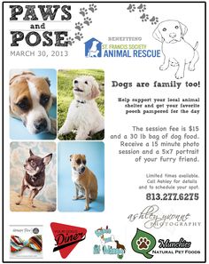 the flyer for paws and pose, which features photos of dogs in their respective locations