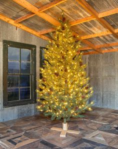 a christmas tree is lit up in an empty room