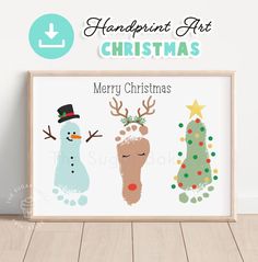 a christmas poster with two reindeers and a snowman