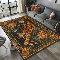 a living room with a couch and rug on the floor in front of a window