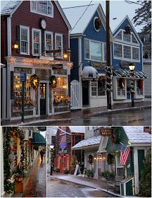 there are many small buildings that have christmas decorations on the front and side of them