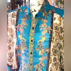 Nwt I.N.C. Macy’s Brand Beautiful Sheer Button Down Blouse Floral & Leaf Design - Multi Colors: Gold, Blue, Tan, Ivory & Black Collar, Long Sleeves & Buttoned Cuffs Sleeves Can Roll Up (Strap & Button Attached) High/Low (Slightly Longer In Back) Versace Design Vibes Size M Laying Flat Shoulder To Bottom: Front - 23.5 Inches Back - 26.5 Inches Armpit To Armpit - 21.5 Inches Blue Blouse With Button Closure For Daywear, Blue Button Closure Blouse For Daywear, Blue Button-up Blouse, Blue Button-up Shirt For Daywear, Blue Vintage Blouse With Button Closure, Vintage Blue Blouse With Button Closure, Vintage Blue Button-up Blouse, Multicolor Printed Button-up Blouse, Blue Button-up Blouse With Floral Print