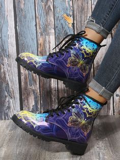 Multicolor Lace-up Boots With Round Toe For Fall, Multicolor Lace-up Boots For Fall, Casual Multicolor Boots With Flat Heel, Casual Multicolor Flat Heel Boots, Casual Purple Boots For Fall, Casual Multicolor Lace-up Boots With Round Toe, Multicolor Round Toe Lace-up Boots For Fall, Fall Multicolor Lace-up Boots With Round Toe, Multicolor Lace-up Boots For Outdoor