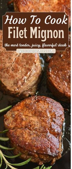 steaks cooking in a skillet with rosemary sprigs on the side and text overlay