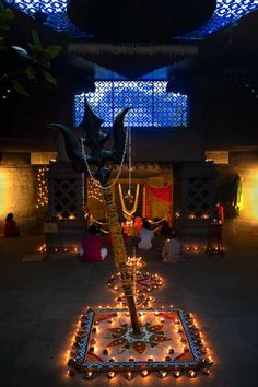 an elaborately decorated floor with lights and decorations