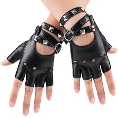 a pair of black leather gloves with rivets on the fingers and wrist straps