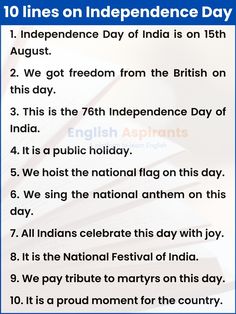 5 Sets of 10 Lines on Independence Day in English. Independence Day Essay in English 10 Lines. 5 Lines on Independence Day of India Republic Day Speech, Independence Day Songs, 15 August 1947, Diwali Special Recipes, Independence Day Of India, Dussehra Greetings