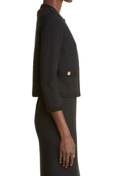 Tonal openwork embroidery with raw edges brings subtle dimension to a cropped collarless jacket made of a richly textured bouclé knit. 20" length (size 8) Hook-and-eye closure Jewel neck Three-quarter sleeves Front button-welt pockets 43% cotton, 40% polyester, 17% wool Dry clean Imported Women's Designer Clothing Elegant Cropped Black Cardigan, Elegant Black Cropped Cardigan, Openwork Embroidery, Collarless Jacket, Jewel Neck, Knit Jacket, Three Quarter Sleeves, Designer Outfits Woman, St John