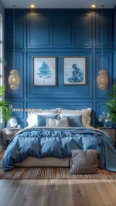 a bedroom with blue walls and wood flooring is pictured in this image, there are two paintings on the wall above the bed