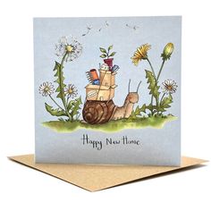 a card with a snail and flowers on it