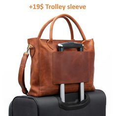 "ADD to cart MAKEUP BAG: https://etsy.me/2VTLIXI Leather tote with trolley sleeve, Leather bag with luggage sleeve tote bag with leather slip add-on trolley sleeve tote trolley bag leather SIZES: ✦ EXTRA LARGE Size (XL) ✦ (For 15\" MacBook Pro) 15.5\" (39 cm) Wide 11.5\" (29 cm) Tall 3.5\" (9 cm) Deep ✦ LARGE Size (L)✦ (For 13\" MacBook Air 2018+ / Pro) 13.5\" (34 cm) Wide 10.5\" (27 cm) Tall 3.5\" (9 cm) Deep ✦ MEDIUM Size (M) ✦ (For 9.7-11\" IPad) 11\" (28 cm) Wide 9\" (23 cm) Tall 3\" (8 cm) Brown Leather Laptop Bag, Handmade Leather Tote Bag, Handmade Leather Tote, Leather Work Bag, Tas Bahu, Retro Handbags, Large Leather Tote Bag, Laptop Messenger Bags, Laptop Bag For Women