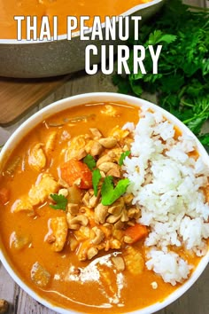 thai peanut curry with white rice in a bowl