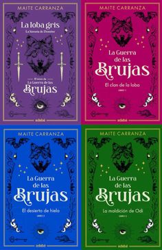 four books in different colors, each with an image of a wolf