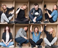 a group of people sitting on the floor in different boxes with their hands up to their ears