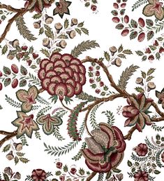 an image of a floral wallpaper with red flowers and leaves on white background,