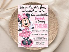 a minnie mouse birthday party with pink and white polka dots on the bottom, she's cute, she's fun, and sweet as can be