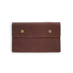 a brown leather wallet with two buttons on the front and one button in the back