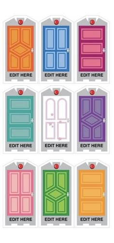 different colored doors with the names and numbers for each door, all in different colors