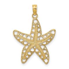 14k Yellow Gold Cut-Out Starfish Necklace Charm Pendant Fine Jewelry Pendants And Charms, Themed Charms, Fish And Sea Life, Fish, Starfish 14k, Polished, Length: 26 Mm, Charm Length: 21.2 Mm, Charm Thickness: 2.4 Mm, Charm Width: 19.45 Mm, Casted, Gold, Width: 19.45 Mm, Themed, Textured, Bail Width: 4.5 Mm, Yellow, Bail Length: 5 Mm Starfish Pendant, Starfish Necklace, Rose Jewelry, Gold Texture, Fine Jewellery Necklace, Polish Jewelry, Selling Jewelry, Jewelry Gift Box, Starfish