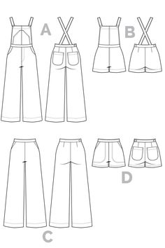 the front, back and side views of shorts with suspenders on each side are shown