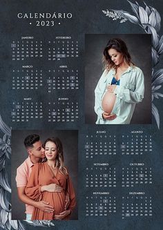 a calendar with two photos of pregnant women and a man holding their belly in front of them