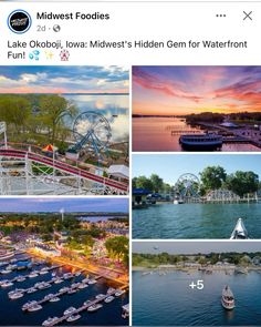 an instagram page with pictures of the lake okobi, iowa midwest's hidden gems for waterfront fun