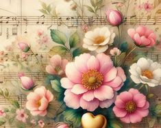 a painting of flowers with music notes in the background and a gold heart on it