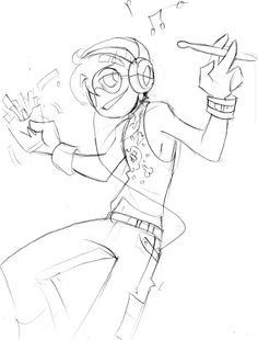 a drawing of a cartoon character with headphones and music notes in his hand,