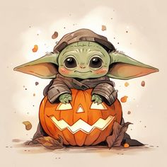 a baby yoda sitting on top of a pumpkin