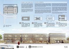 an architectural drawing of a building with several sections labeled in spanish and some details on the outside