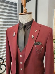 Masquerade Outfit Men, Black And Red Suit, Stylish Mens Suits, Fitted Blazer Jacket, Pants Gift, Claret Red, Mens Formal Wear, Red Suit, Elegant Man