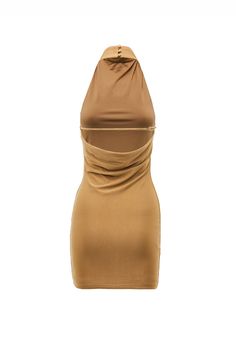 The Candice Mini Dress by Nakedvice is a beige halter backless dress. Made from silky jersey, featuring a low draped back and adjustable back strap, The Candice Mini Dress will elevate any wardrobe.

Jessica is 171cm and wears a size S. 
 Size: XS, S, M, L, XL, XXL; Colour: TAUPE Summer Halter Dress With Cowl Back For Date Night, Summer Backless Cowl Back Dress, Chic Halter Dress With Cowl Back For Summer, Summer Halter Dress With Cowl Back For Night Out, Halter Neck Dress With Cutout Back For Night Out, Fitted Halter Dress With Cowl Back For Night Out, Backless Halter Dress With Cutout Back For Night Out, Summer Backless Bodycon Dress With Keyhole Back, Beige Stretch Backless Dress