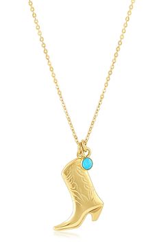 Dangling synthetic turquoise and cowboy boot charms bring bona-fide Western spirit to this handmade chain necklace. 20" length 14k-gold fill/synthetic turquoise Made in the USA Handmade Western Gold Jewelry, Handmade Western Style Gold Jewelry, Western Style Gold Jewelry As Gift, Southwestern Style Gold Necklace For Gift, Western Gold Engraved Jewelry, Western Style Engraved Gold Jewelry, Engraved Gold Western Jewelry, Boot Charms, Turquoise Western