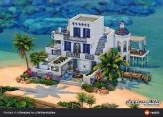 an artist's rendering of a house on the beach with blue shutters and palm trees