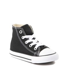 Complete their look with the iconic style of the Converse Chuck Taylor All Star Hi Sneaker! You're never too old, or young, for the original Chuck Taylor All Stars from Converse, this toddler sized All Star Hi features breathable canvas uppers with signature rubber cap toe and All Star logo patch. Black High-top Cotton Sneakers With Rubber Toe Cap, Classic Cotton High-top Sneakers With Round Toe, Black Cotton High-top Sneakers With Rubber Toe Cap, Classic Converse Cotton High-top Sneakers, Black Cotton Canvas Shoes With Round Toe, Casual High-top Adjustable Sneakers, Black Round Toe Canvas Shoes, Black Converse High-top Cotton Sneakers, Black Cotton Converse High-top Sneakers