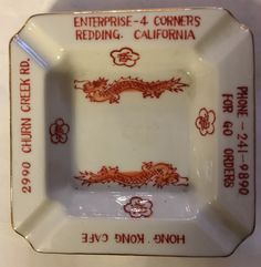 Vintage HONG KONG CAFE Redding California Ceramic Ashtray FOR GO ORDERS 2990 CHURN CREEK RD. #KOOKYKITSCH Hong Kong Cafe, Vintage Hong Kong, Redding California, Hong Kong, Cafe, California