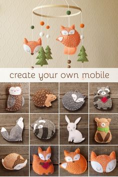 a collage of photos showing different types of stuffed animals and the words create your own mobile