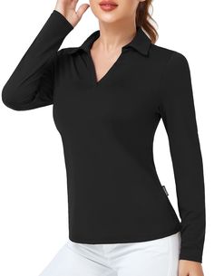 PRICES MAY VARY. 【Lightweight Polo Shirts for Women Dry Fit】: This women's golf polo shirt made of soft,stretch and mositure wicking fabric, keep you cool and comfortable during sports 【Womens Polo Shirts V Neck Collared Design】: Women collar polo shirts designed with v-neck can expose your slender neckline, slim waistline accentuate your body curves, create a fashion style and look more elegant. Great for daliy wear and 【business work 【Long Sleeve Golf Polo Shirt Features】:polo shirt for work / Cheap Fitted Polo Shirt With Collared Neckline, Cheap Classic Polo Collar Tops, Collared Tops For Golf, Fitted Long Sleeve Golf Tops, Fitted Long Sleeve Tops For Golf, Fitted Tops For Golf, Fitted Long Sleeve Polo Shirt For Golf, Classic Long Sleeve Golf Top, V Neck Polo Shirt