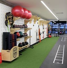 an indoor gym with balls, boxing gloves and other equipment on shelves in the wall