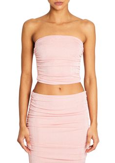 Penny Strapless Top Flirty Fitted Ruched Crop Top, Fitted Pink Crop Tube Top, Fitted Ruched Bandeau Crop Top, Flirty Strapless Stretch Crop Top, Fitted Ruched Strapless Crop Top, Ruched Bandeau Crop Top For Party, Chic Strapless Ruched Crop Top, Flirty Ruched Stretch Tube Top, Stretch Flirty Ruched Tube Top