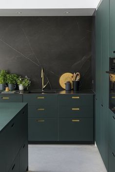 a kitchen with dark green cabinets and gold handles on the countertops, along with plants